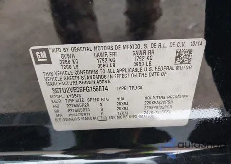 2015 GMC Sierra 1500 Slt from USA, damaged, VIN 3GTU2VEC6FG156074